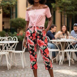 Bill Blass Womens Perfect Fit Floral Print Capris Cotton Jeans Size 12 Black Red